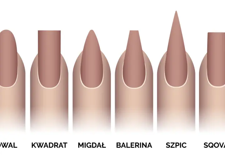 Ilustracja przedstawia sześć różnych kształtów paznokci żelowych: owal, kwadrat, migdał, balerina, szpic i sqoval.