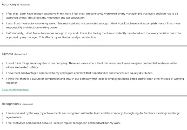 Open ended survey responses on autonomy, fairness, and recognition. Employees share feelings about job control, equitable treatment, and appreciation.