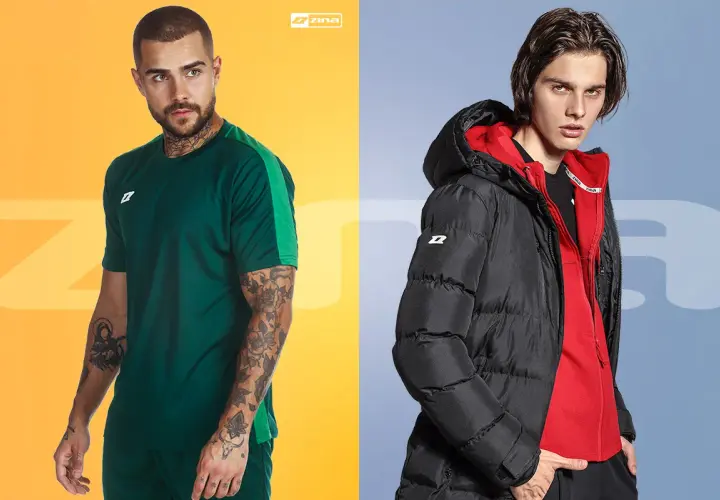 Dwóch mężczyzn w sportowych stylizacjach. Jeden w zielonej koszulce, drugi w czarnej, puchowej bluzie ortalionowej z czerwoną podszewką.
