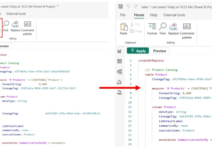 Il pulsante "Format" nel **tabular editor** viene evidenziato, mostrando come formattare il codice DAX.