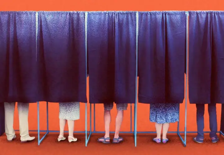 Wahlkabinen mit Menschenbeinen, die auf den Mehrheitswahlrecht Vorteile hinweisen.