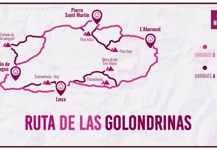 Mapa de la ruta de las golondrinas, con puntos de interés como Pierre Saint Martin, L'Aberouat y Linza, y variantes A y B.