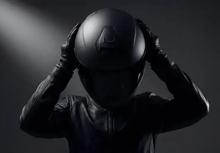 Persona con chaqueta de cuero y guantes se pone un casco negro, con líneas afiladas y modernas.