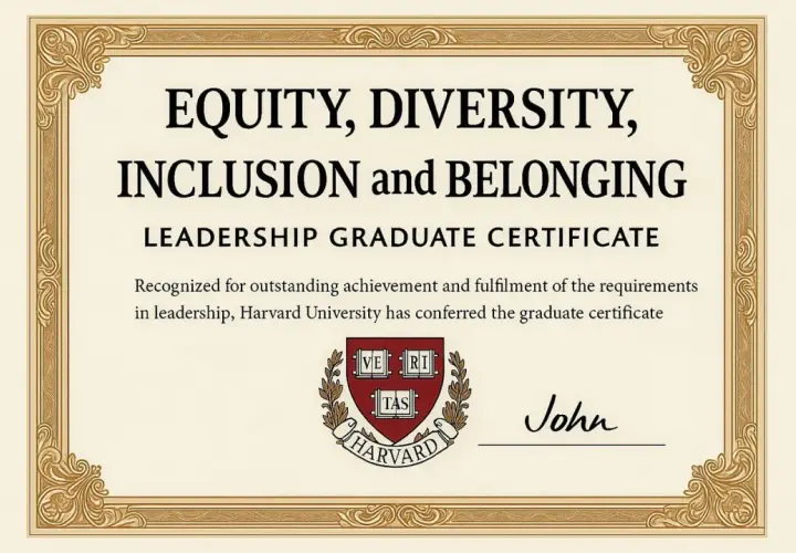 Harvard University DEI graduate certificate in Equity, Diversity, Inclusion, and Belonging Leadership.
