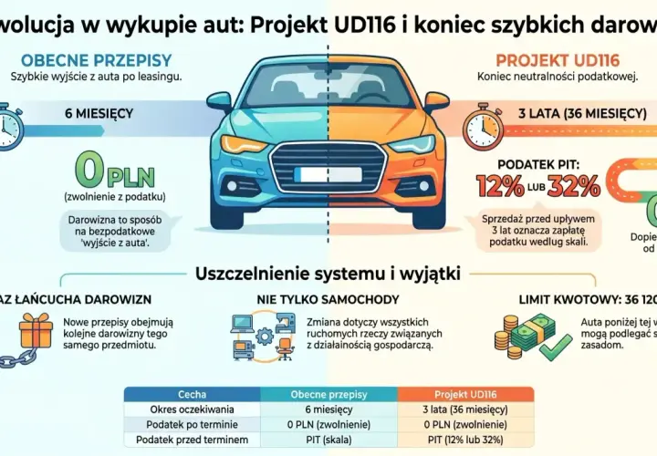 Porównanie przepisów dotyczących wykupu aut: obecne (6 mies., 0 PLN podatku) vs Projekt UD116 (3 lata, podatek od sprzedaży samochodu 12-32%).