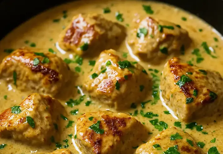 Sauté de porc à l'ancienne, tendre et savoureux, baignant dans une sauce crémeuse et parsemé de persil frais. Un plat réconfortant.