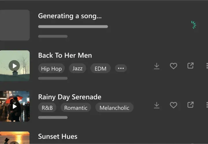 Lista piosenek polskich: "Back To Her Men" (Hip Hop, Jazz, EDM), "Rainy Day Serenade" (R&B, Romantic, Melancholic) i "Sunset Hues".