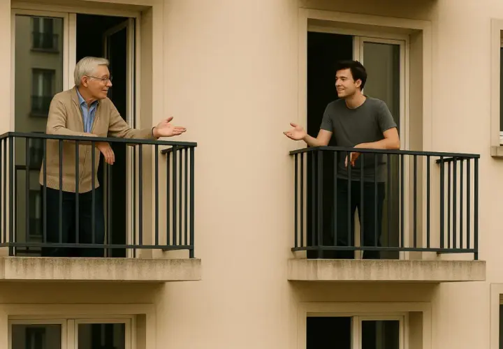 Deux voisins discutent sur leurs balcons, un échange qui pourrait illustrer les troubles du voisinage en droit français.