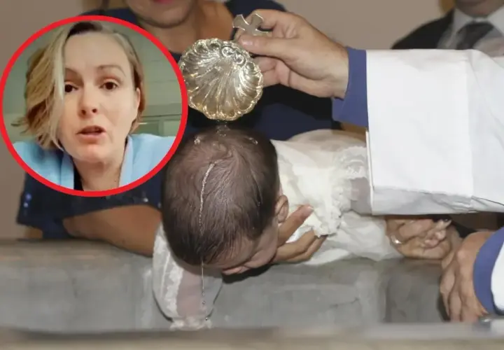 Kobieta w okręgu patrzy na uroczystość chrztu dziecka. Woda święcona spływa po głowie niemowlęcia.