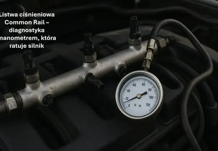 Listwa paliwowa Common Rail z podłączonym manometrem do diagnostyki, kluczowa dla zdrowia silnika.
