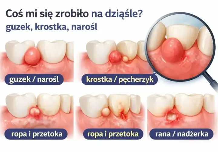 Ilustracja pokazuje różne zmiany na dziąśle: guzek, krostkę, ropień i ranę. Torbiel na dziąśle może przybierać różne formy.