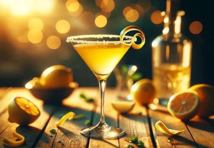 Elegancki kielich z drinkiem lemon drop, ozdobiony skórką cytryny, otoczony świeżymi cytrynami i butelką alkoholu.