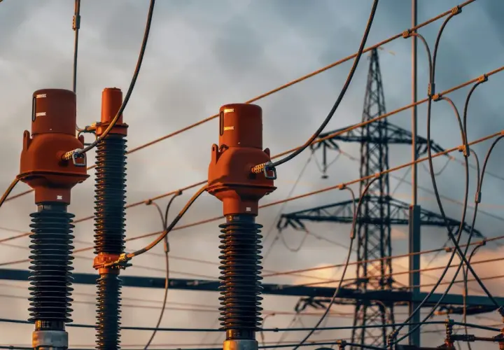 Zbliżenie na izolatory i przewody linii energetycznych. W tle widoczna wieża przesyłowa. Tabela odległości od linii energetycznych napowietrznych jest kluczowa dla bezpieczeństwa.