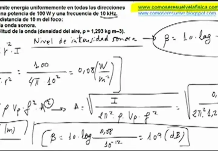 Cálculo de la intensidad sonora y su nivel, con la fórmula del nivel de intensidad sonora β = 10 log (I/10⁻¹²).