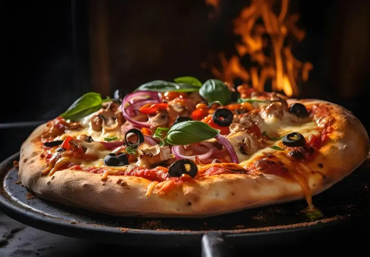 Pyszna pizza z pieczarkami, oliwkami i cebulą, skąpana w ogniu pieca. To właśnie **la dolce vita co to znaczy** – smak prawdziwego, włoskiego życia.