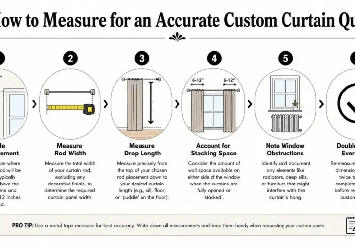 Infographic shows how to measure curtain length and width: rod placement, rod width, drop length, stacking space, obstructions, and double-checking.