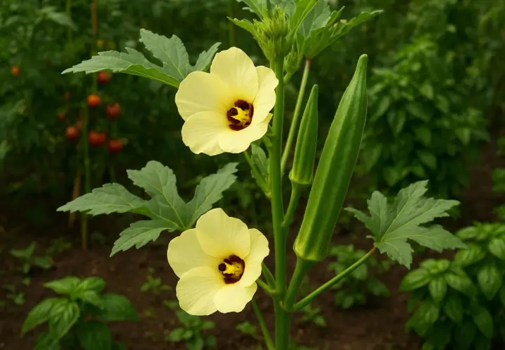 Fiori gialli e baccelli verdi di ocra verdura in un orto.
