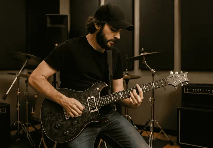 Mężczyzna gra na gitarze elektrycznej w studiu. Do gitary elektrycznej potrzeba wzmacniacza i kabla.