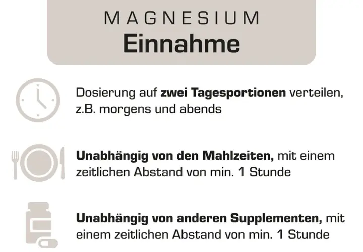 Magnesium-Einnahme: auf zwei Portionen verteilen, unabhängig von Mahlzeiten & anderen Supplementen, um Wechselwirkungen zu vermeiden.
