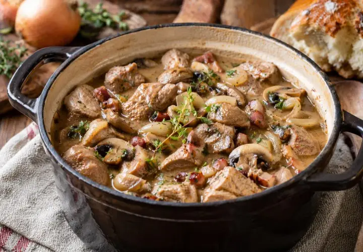 Un réconfortant sauté de veau mijoté avec des champignons, des oignons et des lardons, garni de thym frais. Parfait pour un repas d'automne.