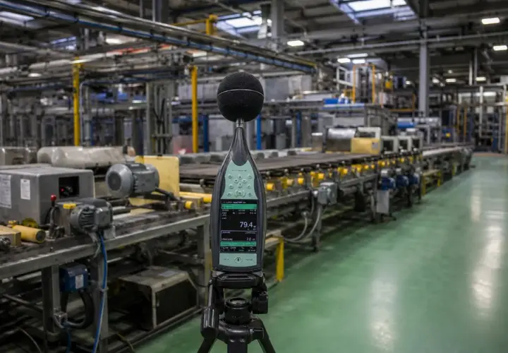 Medidor de ruido en fábrica. El dispositivo registra 79.4 dB, indicando un nivel de dba ruido considerable en la línea de producción.