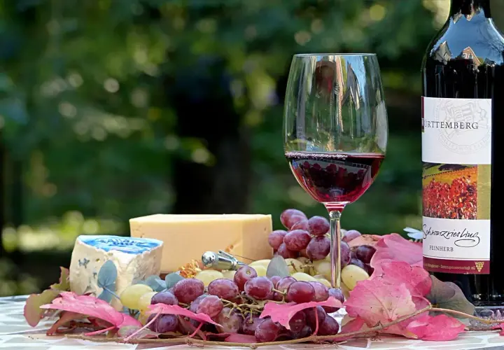 Verre de vin rouge, fromage bleu et jaune, raisins et feuilles d'automne. Une belle invitation à découvrir quel vin rouge avec fromage.