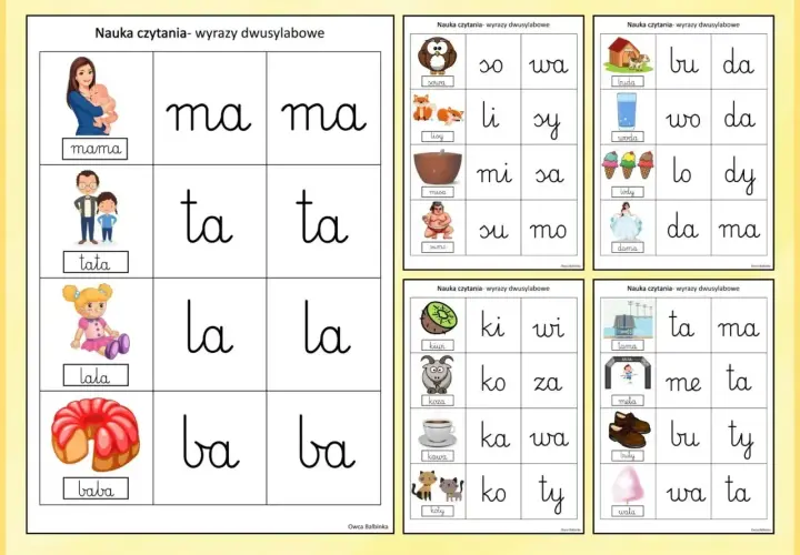 Pomoc w nauce czytania sylabami: mama, tata, lala, baba, sowa, lis, misa, sumo, buda, woda, lody, dama, kiwi, koza, kawa, koty, tama, meta, buty, wata.