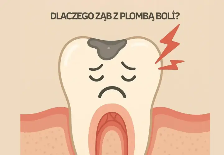 Smutny ząb z plombą i czerwonymi błyskawicami symbolizującymi ból zęba po plombowaniu.