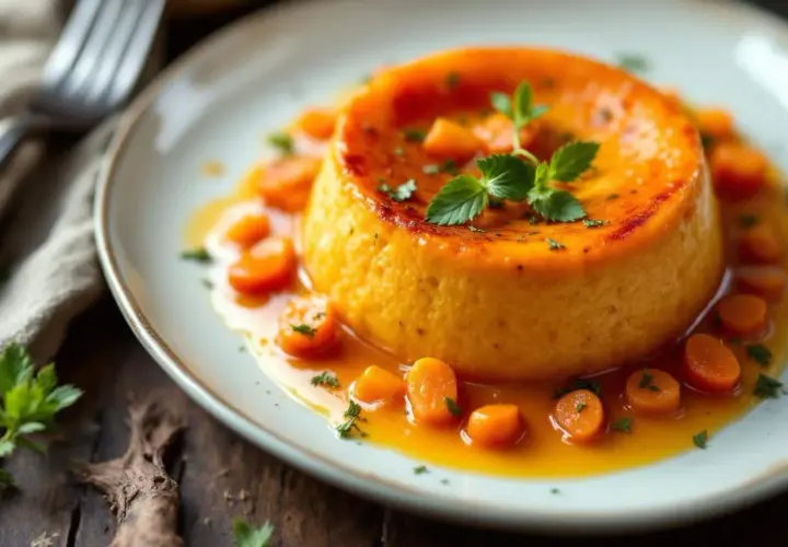 Un délicieux flan de carottes, nappé d'un jus orangé et parsemé de rondelles de carottes et de persil frais.