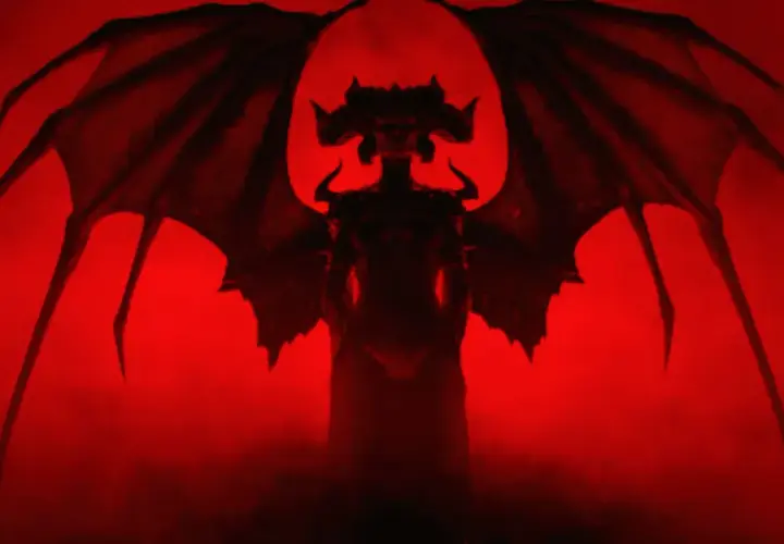 Lilith, demonica z Diablo IV, z rozpostartymi skrzydłami na tle czerwonej mgły.