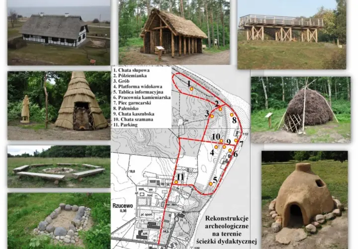 Rekonstrukcje dawnej osady łowców fok: chaty, palenisko, piec garncarski, platforma widokowa i mapa terenu.