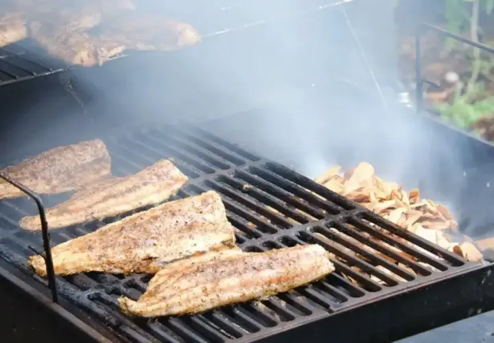 Poisson fumé sur un gril, avec des copeaux de bois qui dégagent de la fumée. Idéal pour savoir quel bois pour fabriquer un fumoir.