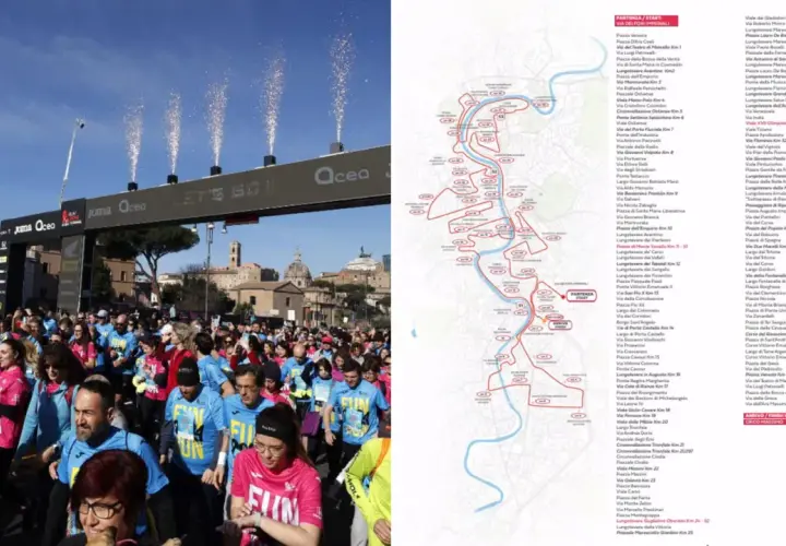 La folla festeggia alla partenza di una maratona a Roma, con fuochi d'artificio e la mappa del percorso. Notizie sulla metro e la gara.