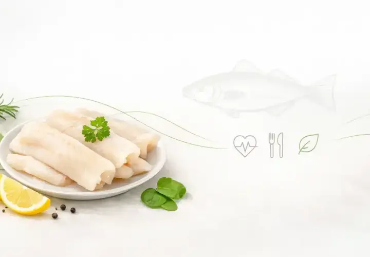 Filety z mintaja na talerzu z cytryną i ziołami. Czy mintaj jest zdrowy? Tak, to ryba pełna białka i omega-3.