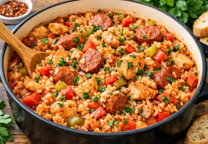 Aksamitne jambalaya z kurczakiem, kiełbasą i warzywami, posypane natką pietruszki, w czarnym naczyniu.