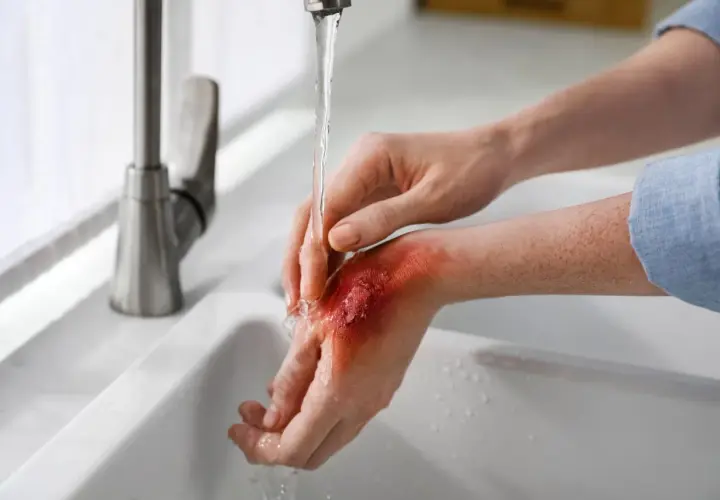 Main sous un jet d'eau froide, montrant une brulure superficielle rouge et irritée sur le dos de la main.
