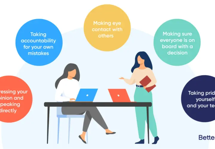 Two women collaborate, demonstrating assertive communication skills like expressing opinions, taking accountability, and ensuring team alignment.
