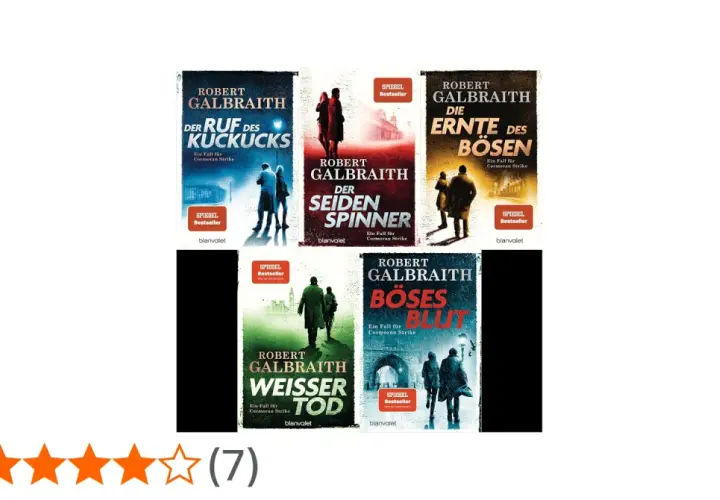 Die Galbraith Reihenfolge: "Der Ruf des Kuckucks", "Der Seidenspinner", "Die Ernte des Bösen", "Böses Blut" und "Weißer Tod" sind als Buchcover zu sehen.