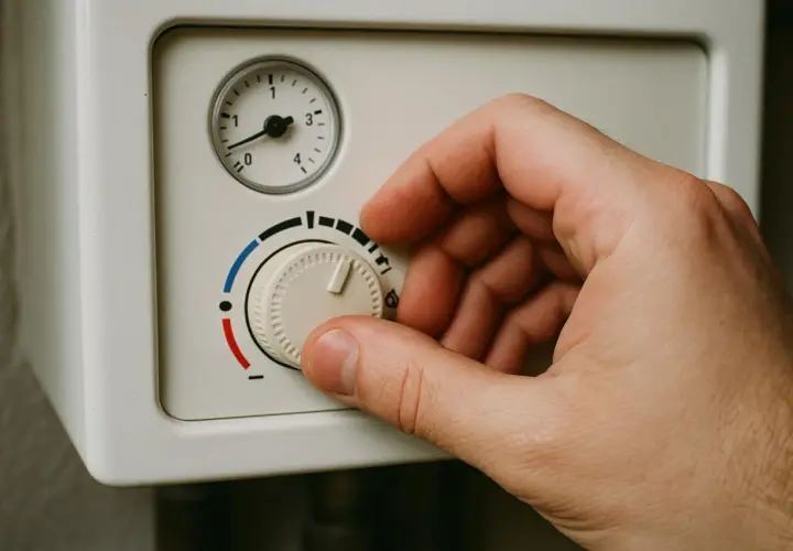 Dłoń kręci pokrętłem pieca gazowego, pokazując jak ustawić piec gazowy bez sterownika. Skala od czerwonego do niebieskiego oznacza temperaturę.