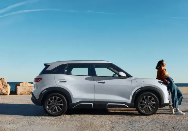 Pareja junto a un moderno coche híbrido blanco, con el mar y rocas al fondo.