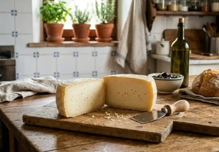 Formaggio fresco su tagliere, con pane, olive e bottiglia d'olio. Un'immagine che evoca chi fa il formaggio con passione.