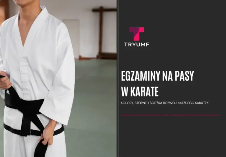 Osoba w białym karate gi przygotowuje się do egzaminu, zawiązując czarny pas. Kolory pasów w karate symbolizują drogę rozwoju.