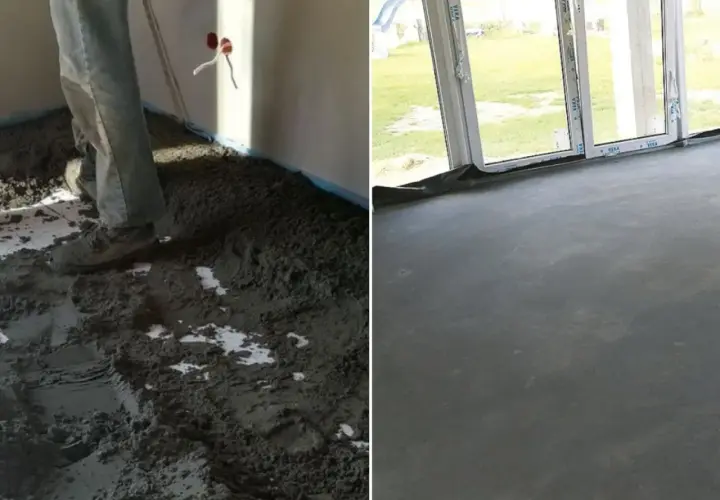 Prace budowlane: wylewanie chudego betonu na podłogę, a następnie gotowa, gładka posadzka.