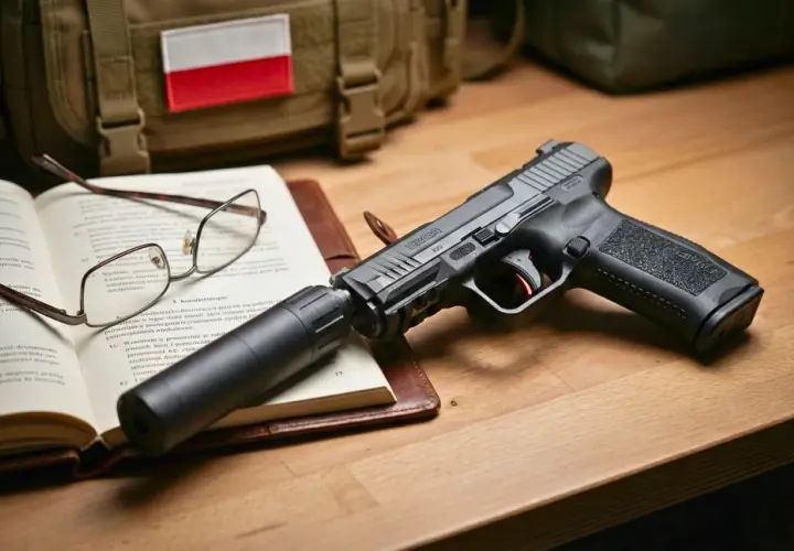 Pistolet z tłumikiem na książce, obok okulary i torba z polską flagą. Czy asg jest legalne? To pytanie nurtuje wielu pasjonatów.