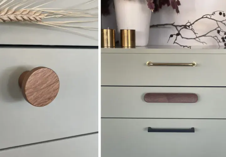 Detaljer från en målad byrå med olika handtag: ett runt träknopp, ett mässingshandtag och ett avlångt trähandtag.