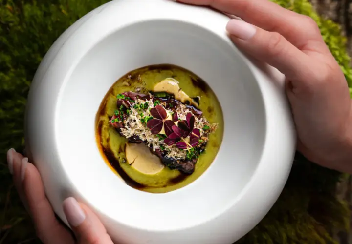 Wykwintne danie z restauracji z gwiazdką Michelin, podane w białej misie na tle mchu.