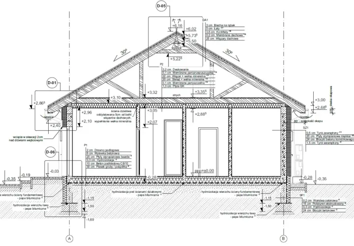 Przekrój budynku z detalami konstrukcyjnymi, izolacjami i wymiarami. Projekt budowlany.