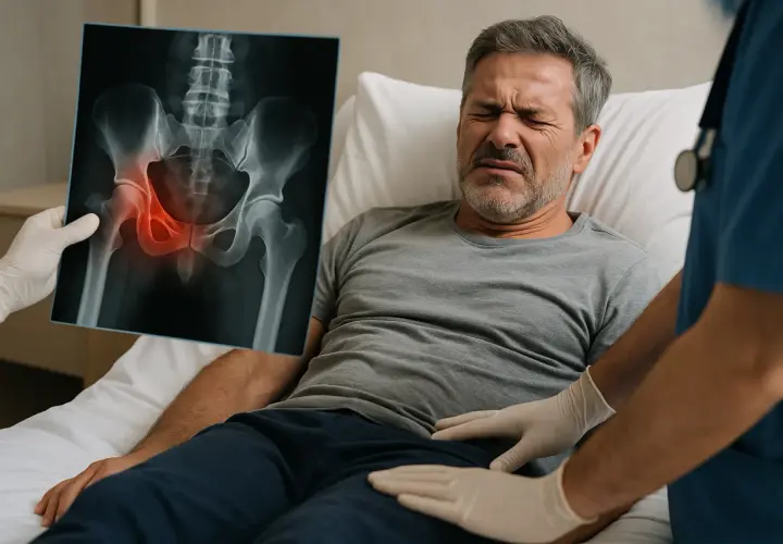 Pacjent z bólem biodra, lekarz pokazuje RTG miednicy z zaznaczonym złamaniem Malgaigne.