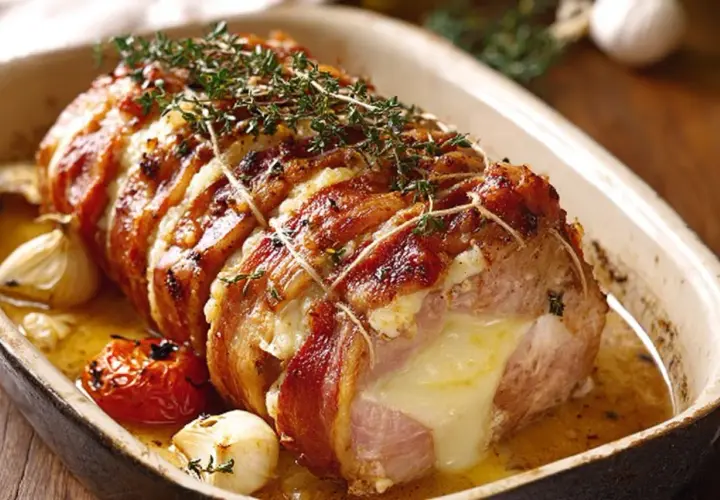 Un rôti Orloff, enveloppé de lard, garni de fromage fondant et d'herbes, mijote dans un plat avec de l'ail et une tomate rôtie.