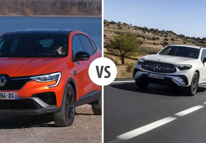 Renault Arkana naranja vs. Mercedes-Benz GLC blanco en carretera. ¿Cuál tiene mejor motor Mercedes?